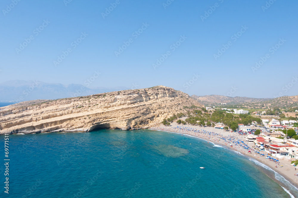 Panoramic view Beach of Matala with caves. Crete, Greece.