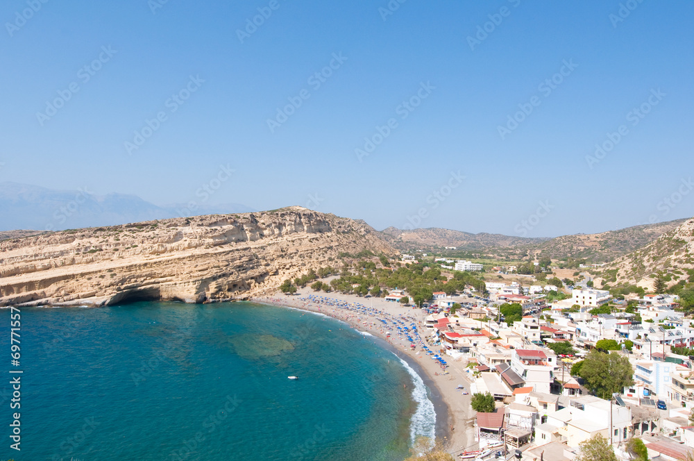 View of Matala sandy beach near Heraklion. Crete, Greece.