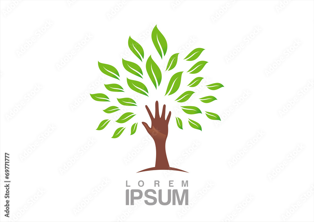 Fototapeta premium Green tree with hands-shaped trunk and many ecological icons