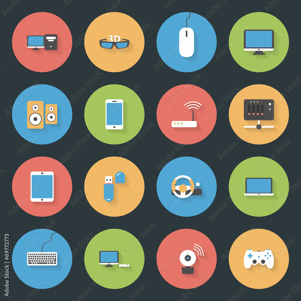 Computers, peripherals and network devices flat icons set Computers, peripherals and network devices flat icons set