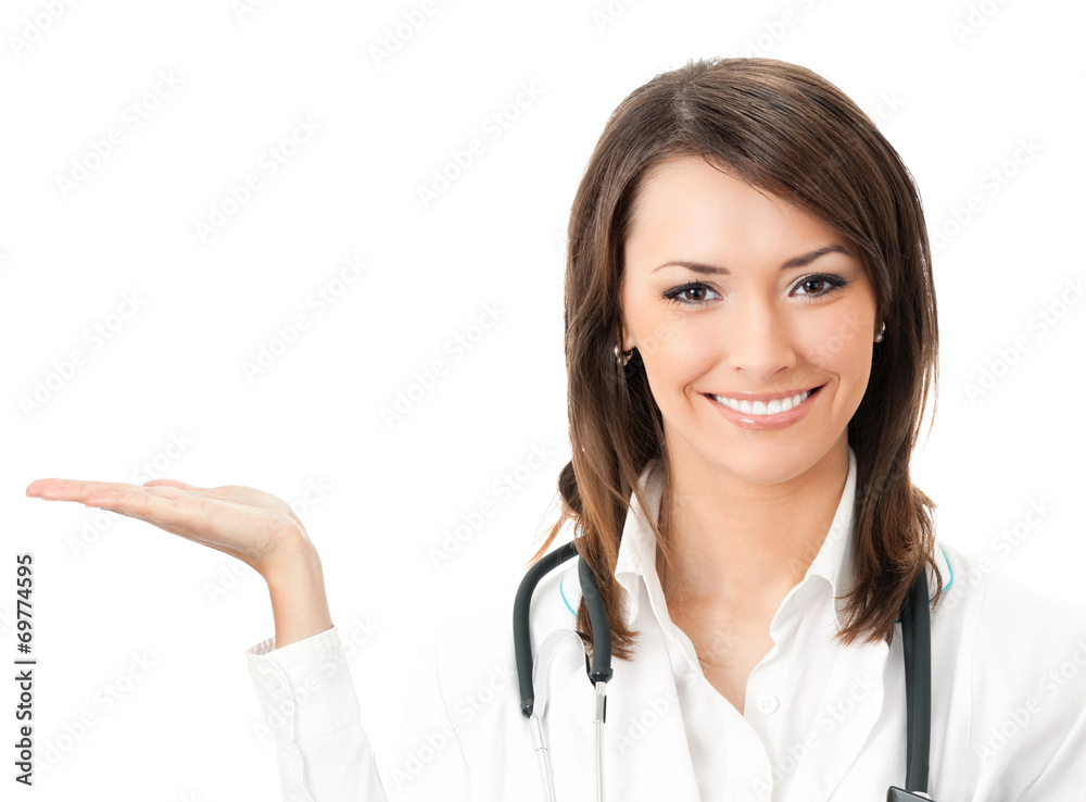 Happy smiling doctor showing, isolated Happy smiling doctor showing, isolated