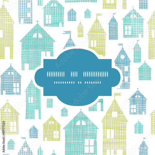 Houses blue green textile texture frame seamless pattern
