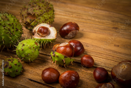 Autumn chestnut on table