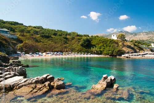 Kassiopi Beach, Corfu Island, Greece. Sunbeds and parasols