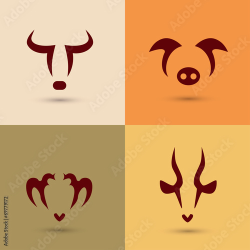 farm animals, stylized vector icons set