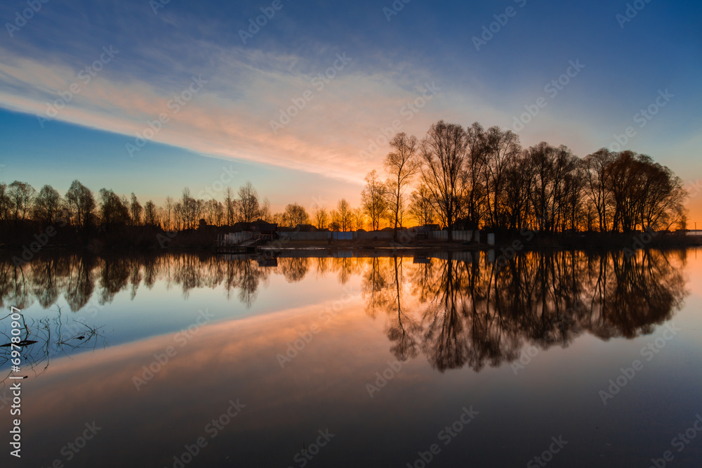 Fototapeta premium Rural summer sunrise landscape with river 
