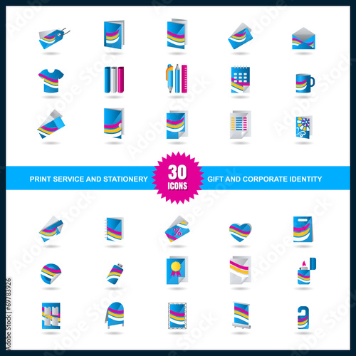 Print service icon set. Stationery, Gift and Corporate identity