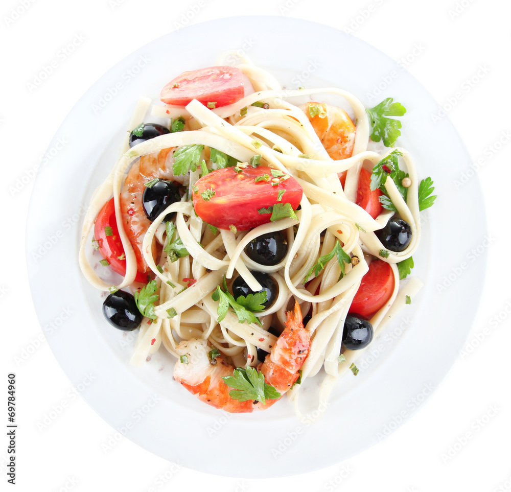 Fresh prawns with spaghetti, olives, tomatoes and parsley in a