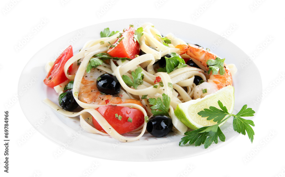 Fresh prawns with spaghetti, olives, tomatoes and parsley in a Fresh prawns with spaghetti, olives, tomatoes and parsley in a