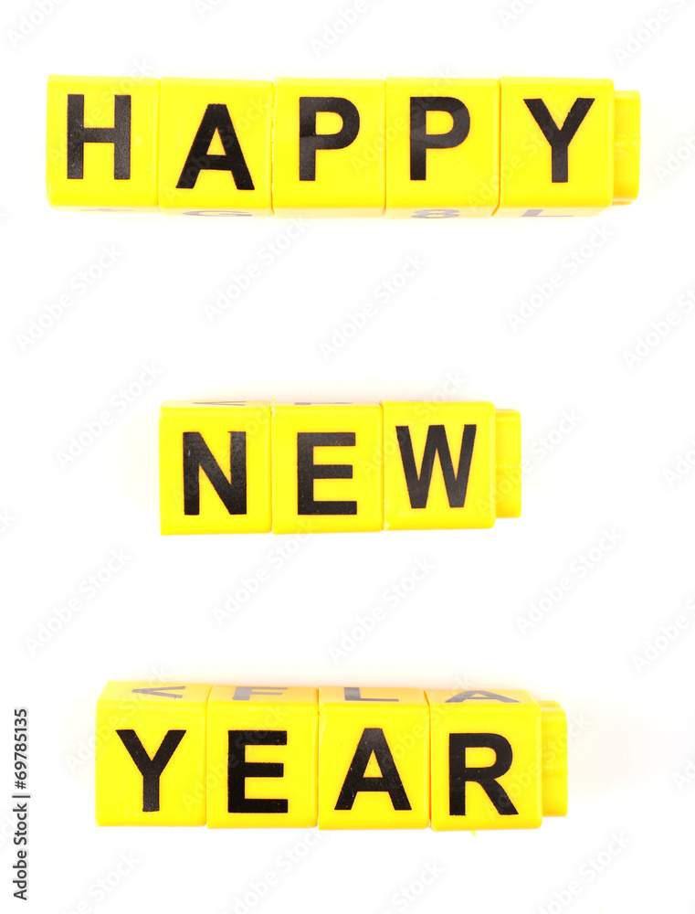 Happy New Year word formed by educational cubes, isolated Happy New Year word formed by educational cubes, isolated