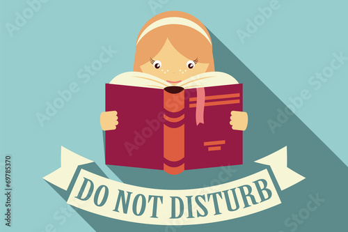 Girl reading a book, do not disturb sign, education