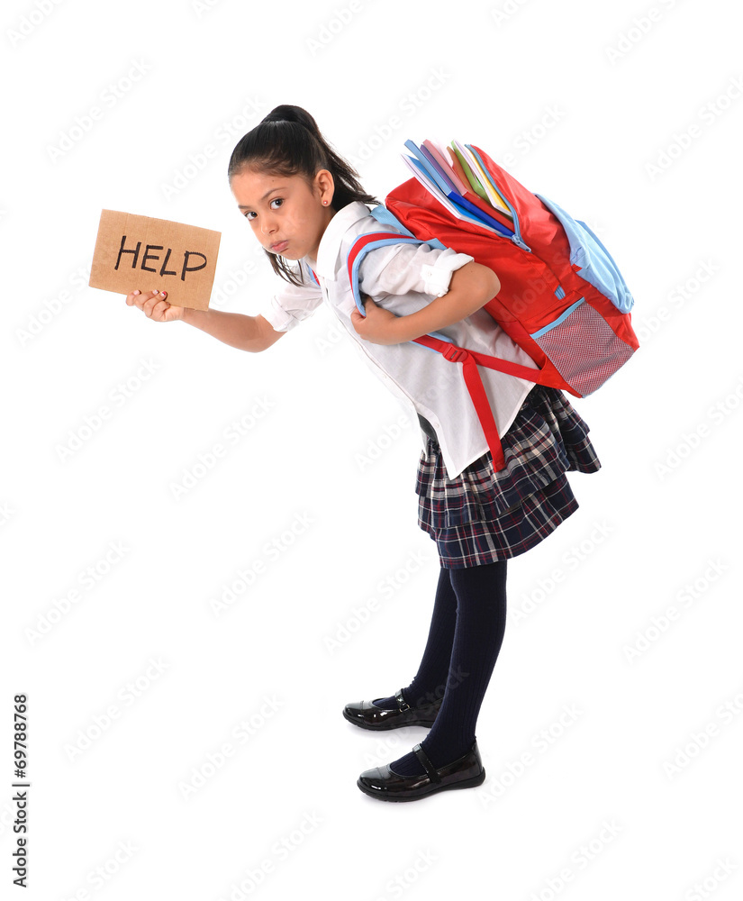 sweet little girl carrying heavy backpack or school bag full - obrazy, fototapety, plakaty 