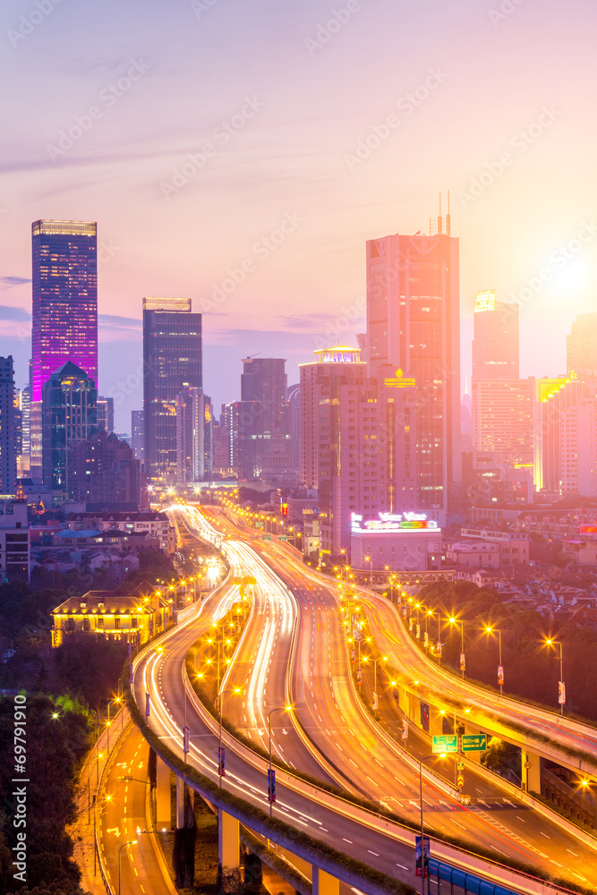 shanghai interchange overpass and elevated road in nightfall