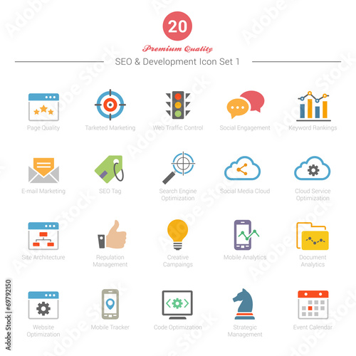 Set of Full Color SEO and Development icons Set 1