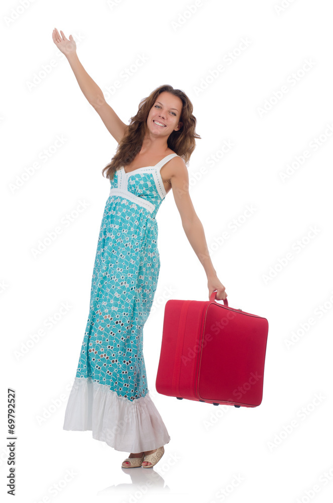 Woman traveller with suitcase isolated on white Woman traveller with suitcase isolated on white