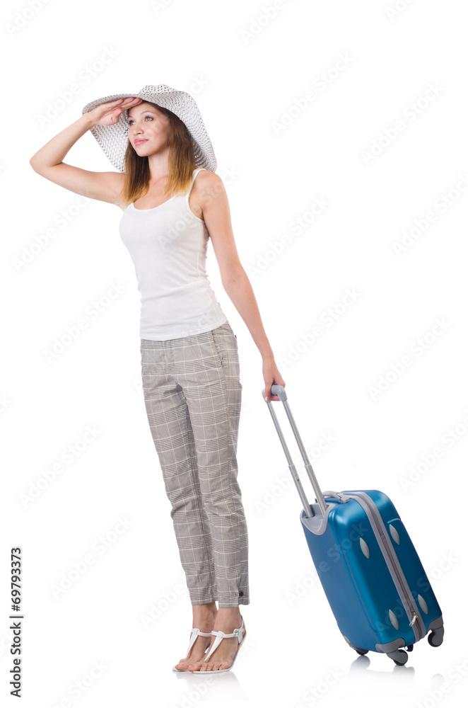 Woman traveller with suitcase isolated on white Woman traveller with suitcase isolated on white