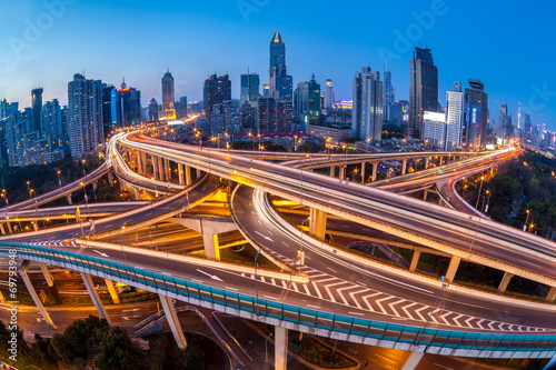 shanghai interchange overpass and elevated road in nightfall photo