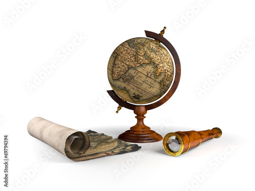 globe, old map and spyglass