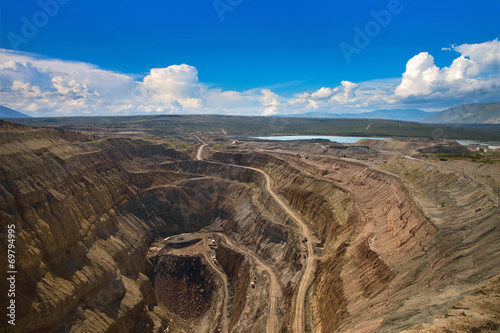 Aerial view to the diamond open mine in Aikhal town, Sakha Yakut