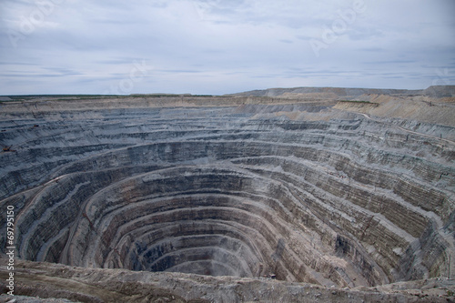 Aerial view to the diamond open mine in Udachny town, Sakha Yaku