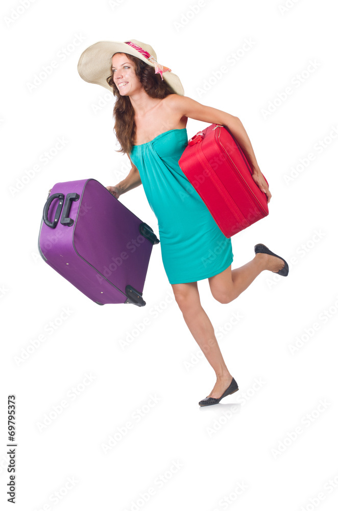 Woman traveller with suitcase isolated on white Woman traveller with suitcase isolated on white