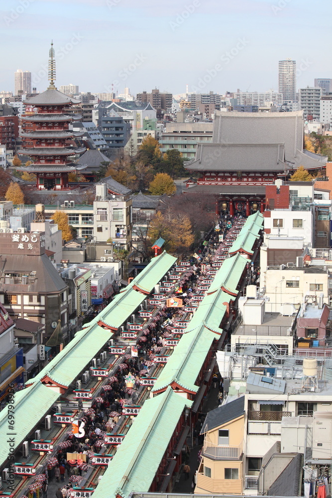 Obraz premium 浅草寺 仲見世通り、宝蔵門と五重塔