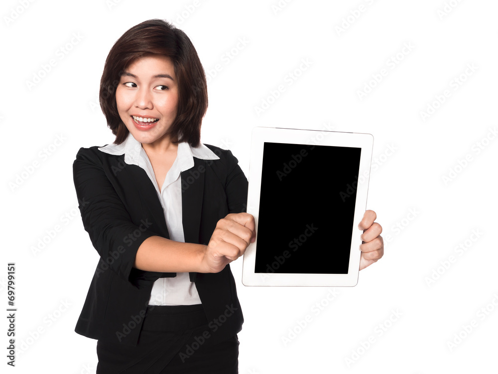 Business woman using digital tablet computer PC happy isolated o Business woman using digital tablet computer PC happy isolated o