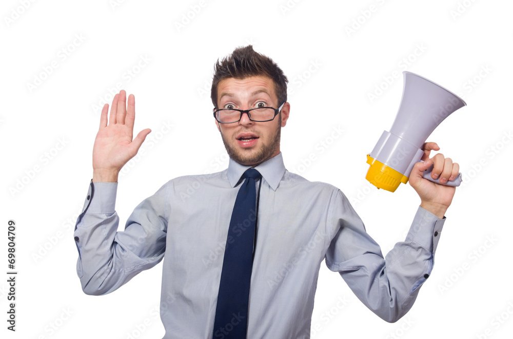 Young businessman with loudspeaker on white Young businessman with loudspeaker on white