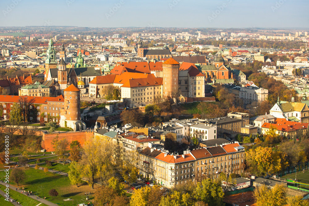The historic center of Krakow with a bird's-eye view. The historic center of Krakow with a bird's-eye view.