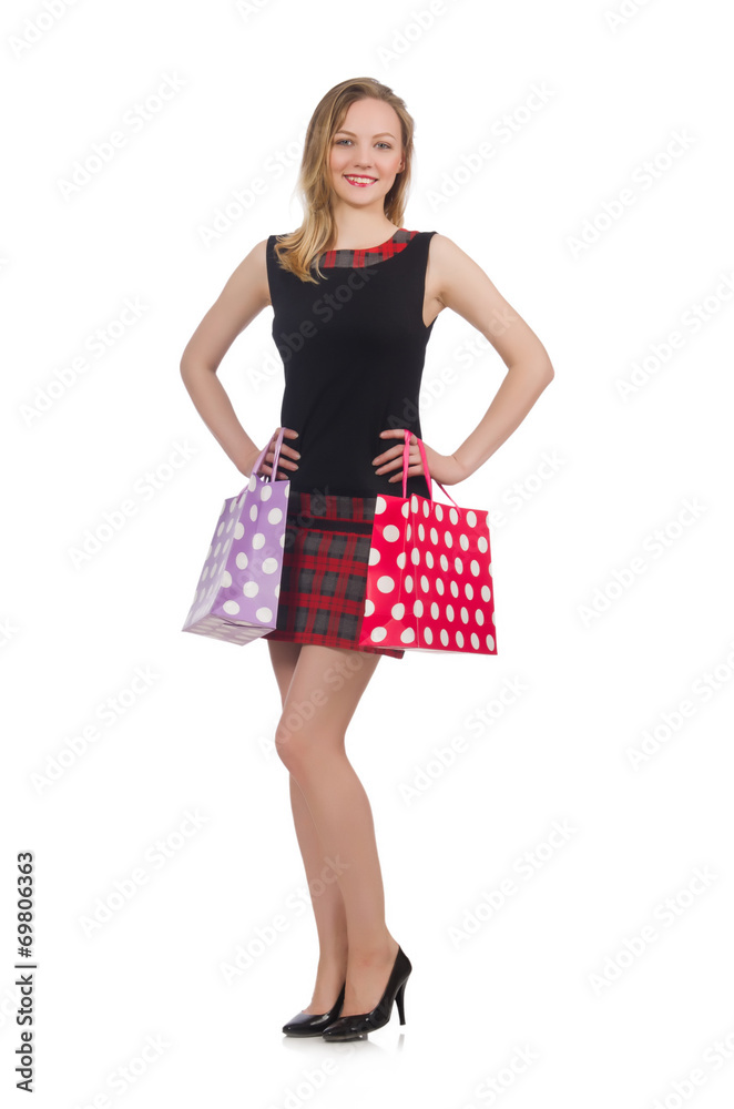 Woman after shopping spree on white Woman after shopping spree on white