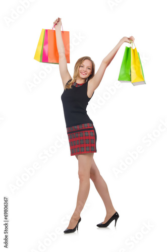 Photography Woman after shopping spree on white
