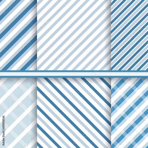 Bright blue elegant diagonal stripes - set of seamless patterns