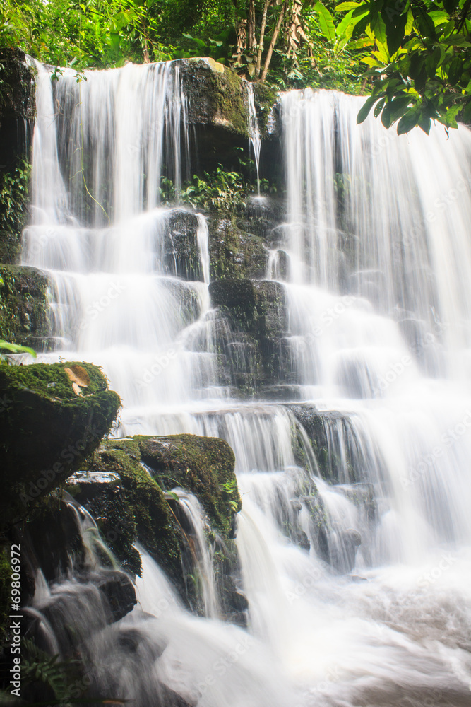 waterfall and rocks covered with moss