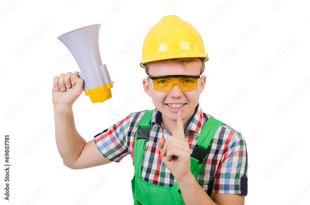 Funny construction worker with loudspeaker on white Funny construction worker with loudspeaker on white
