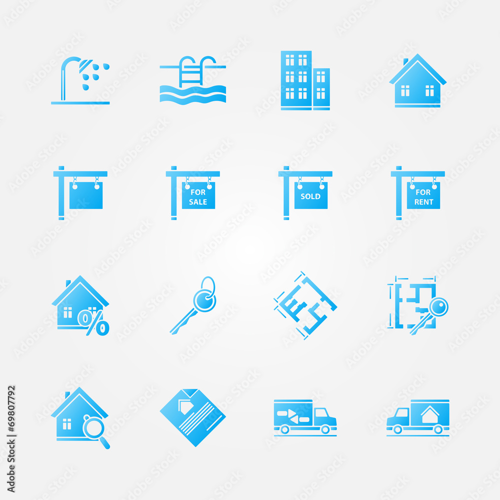 Blue real estate icons - vector real property or realtor symbols Blue real estate icons - vector real property or realtor symbols