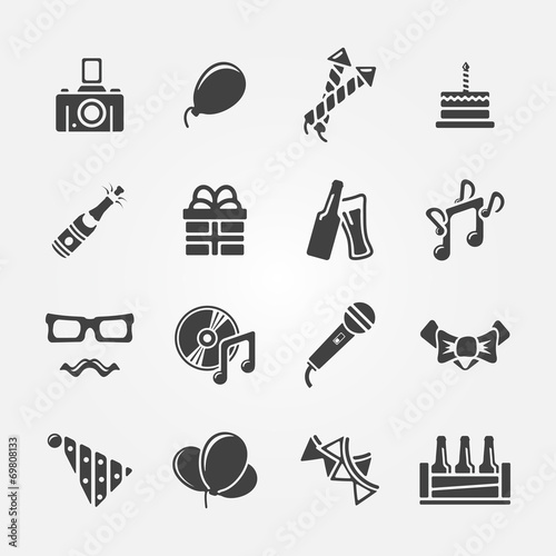 Party or birthday icons set, vector celebration symbols