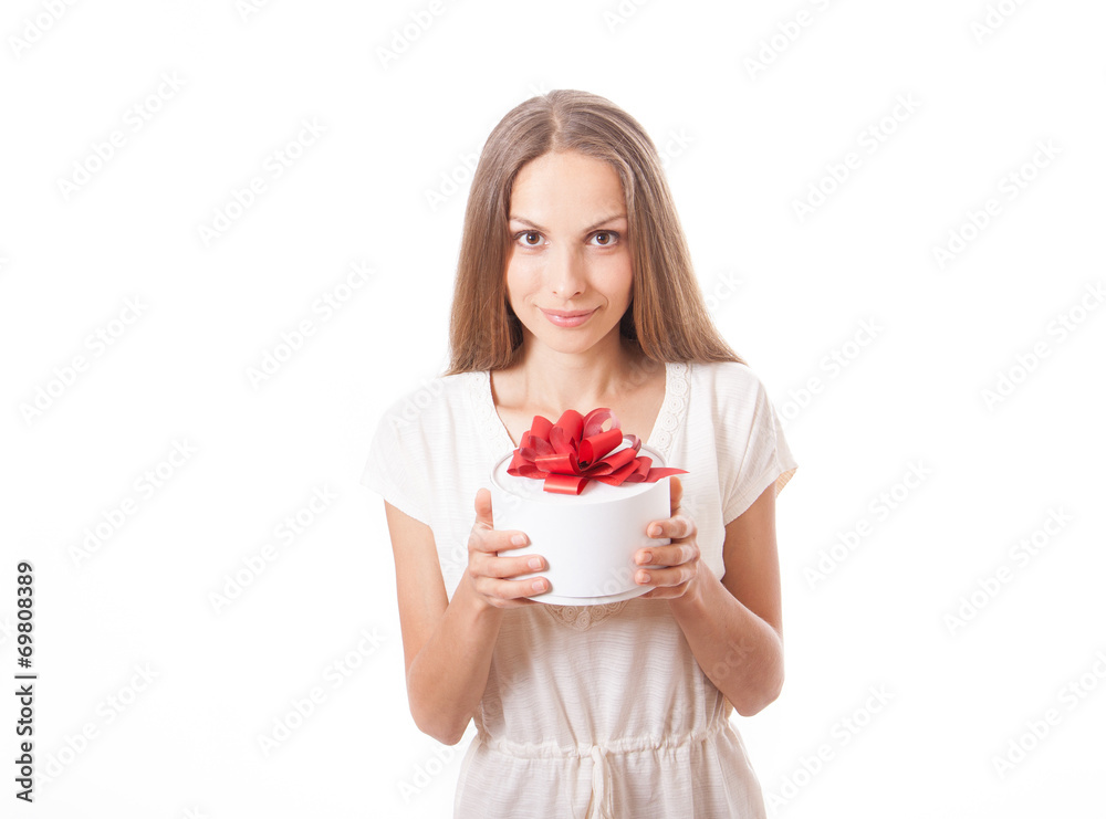 young woman holding white round gift box young woman holding white round gift box