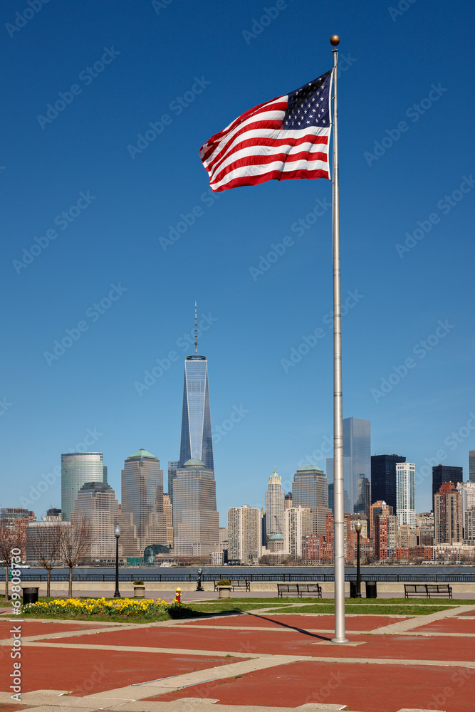 American flag, Liberty State Park, view of Manhattan