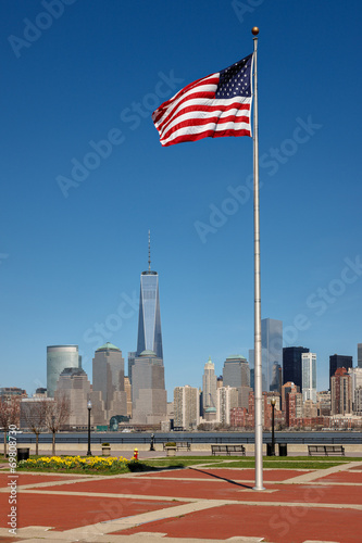 American flag  Liberty State Park  view of Manhattan