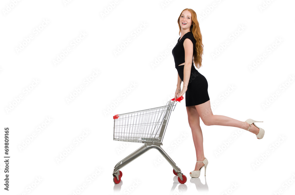 Woman after shopping in the supermarket isolated on white