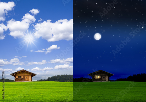 Blockhütte bei Tag und bei Nacht © by-studio