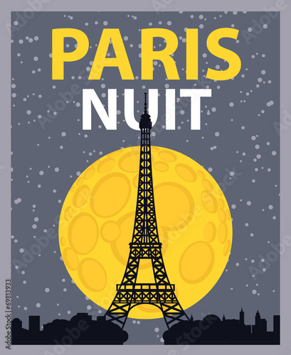 banner with Paris, Eiffel Tower at night under the moon