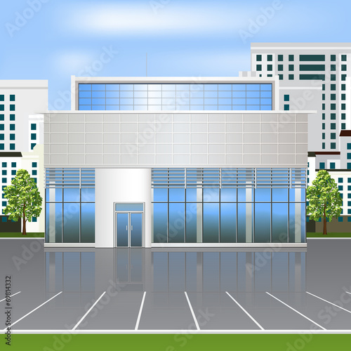 office building with reflection and parking