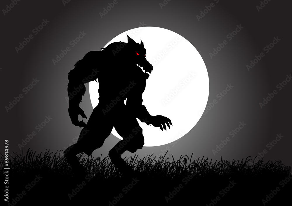 A werewolf lurking in the dark during full moon A werewolf lurking in the dark during full moon