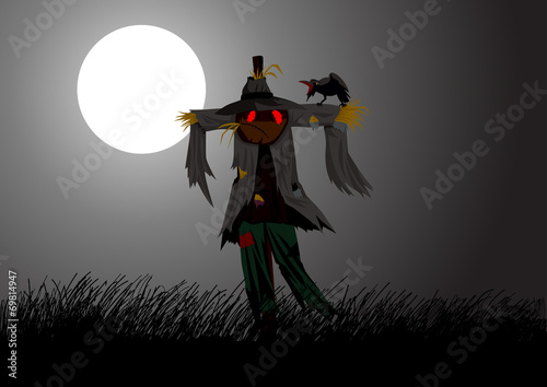 Illustration of a scarecrow on field during full moon