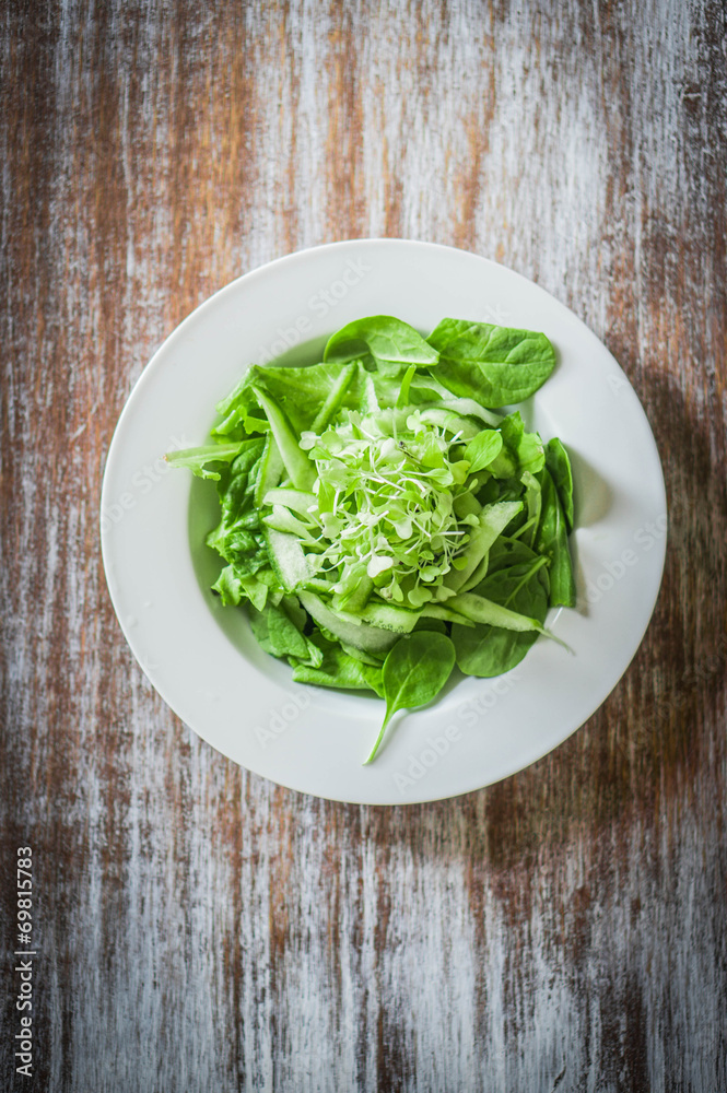 Salas with spinach,cucumber and microgreens on wooden background Salas with spinach,cucumber and microgreens on wooden background