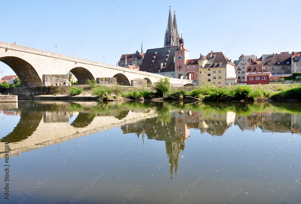 view of the city of Regensburg and the old bridge, Germany