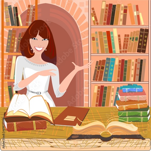 Librarian with an open book on background bookshelf