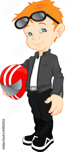 biker boy cartoon holding helmet