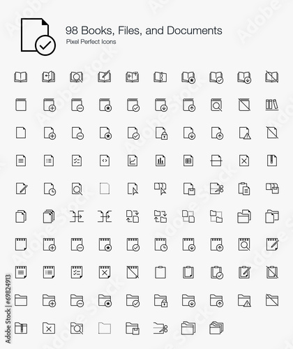 98 Books, Files, and Documents Pixel Perfect Icons (line style)